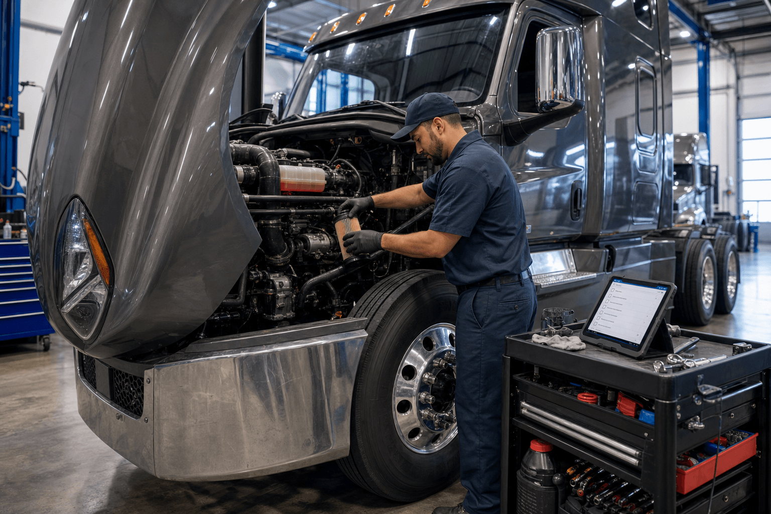 Diesel technician performing scheduled preventive-maintenance service on a Class 8 truck engine