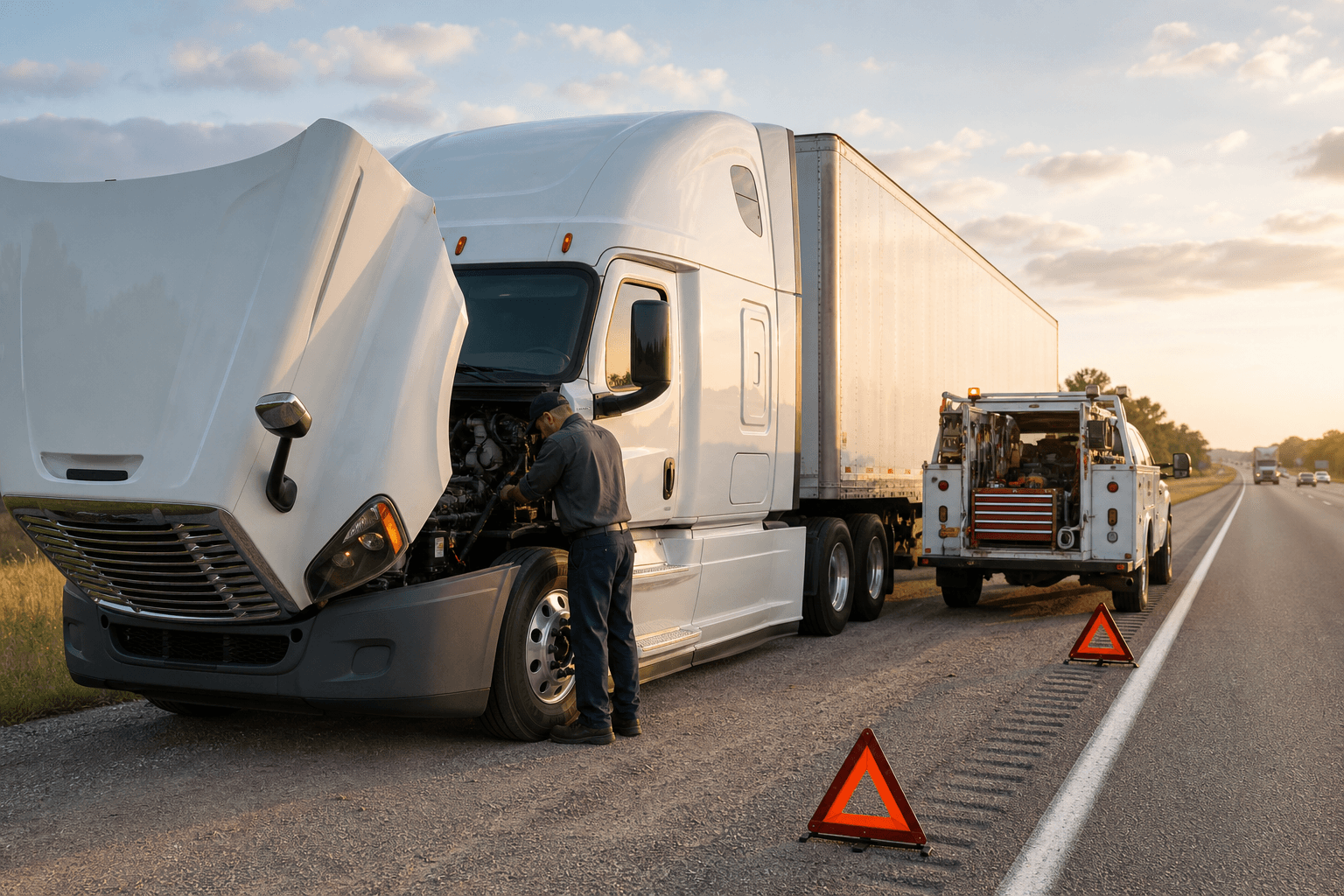 Mobile diesel service truck attending a tractor-trailer on a highway shoulder